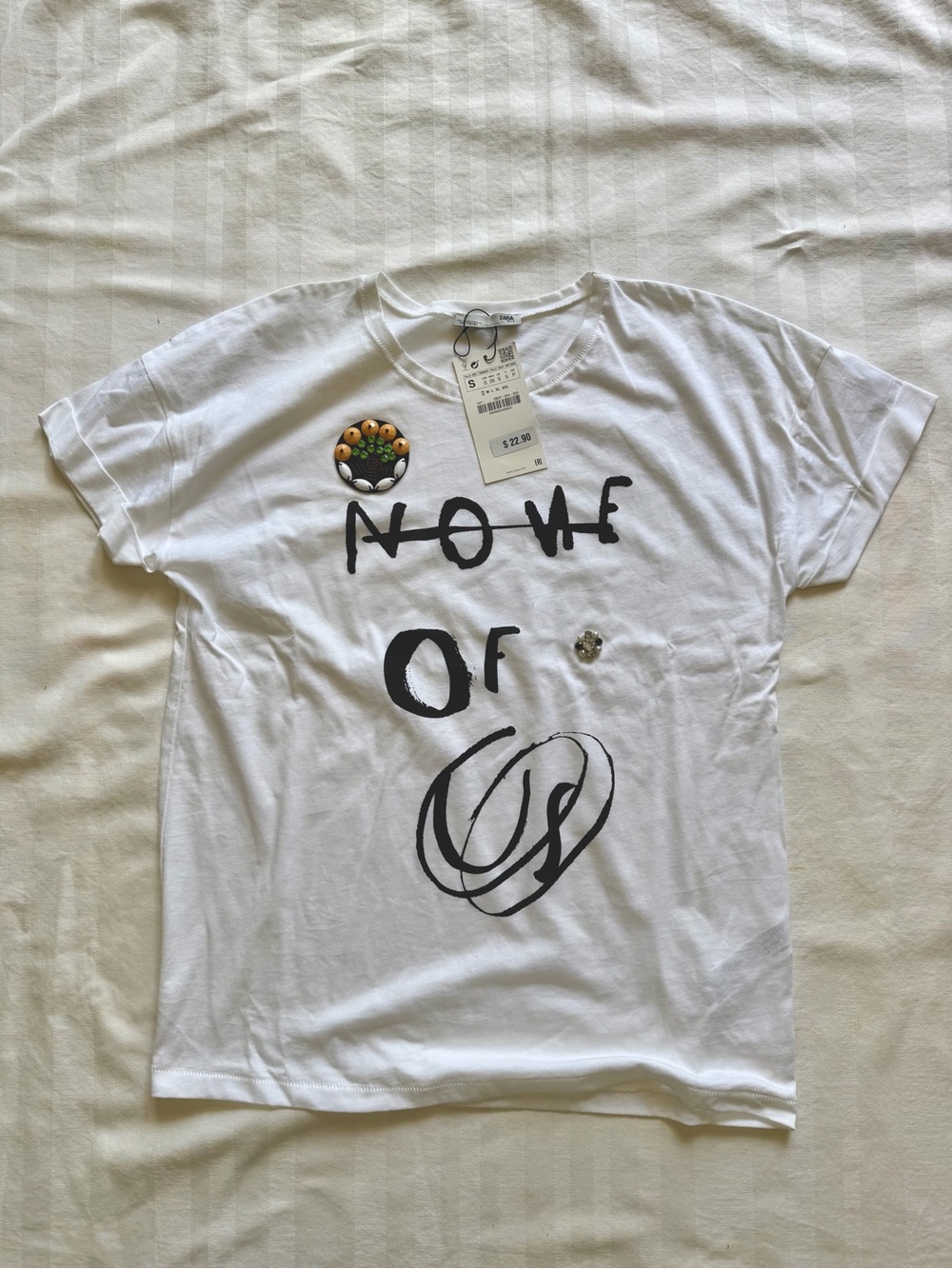 Zara White Graphic Tee with Black Script and Jewels